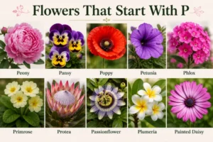 ollage of beautiful flowers that start with P including protea, poppy, peony, and pansy