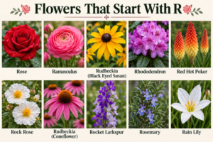 Collage of beautiful flowers that start with R including rose, rudbeckia, and ranunculus