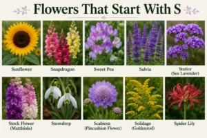 Beautiful flowers that start with S, including sunflower, sweet pea, snapdragon, and statice