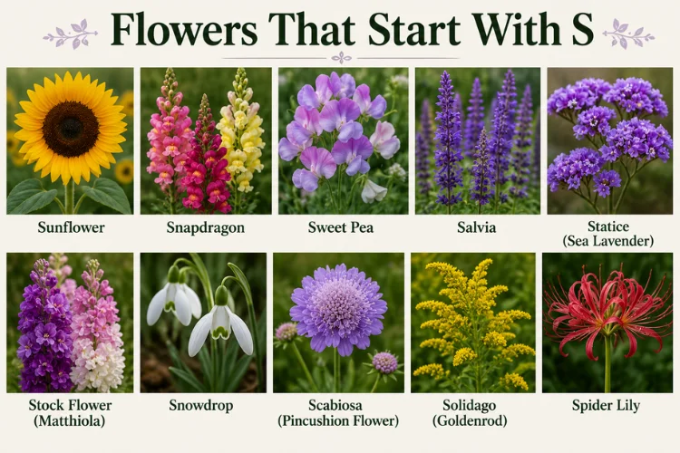 Beautiful flowers that start with S, including sunflower, sweet pea, snapdragon, and statice