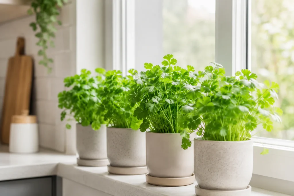 Growing cilantro indoors on a bright windowsill in small pots