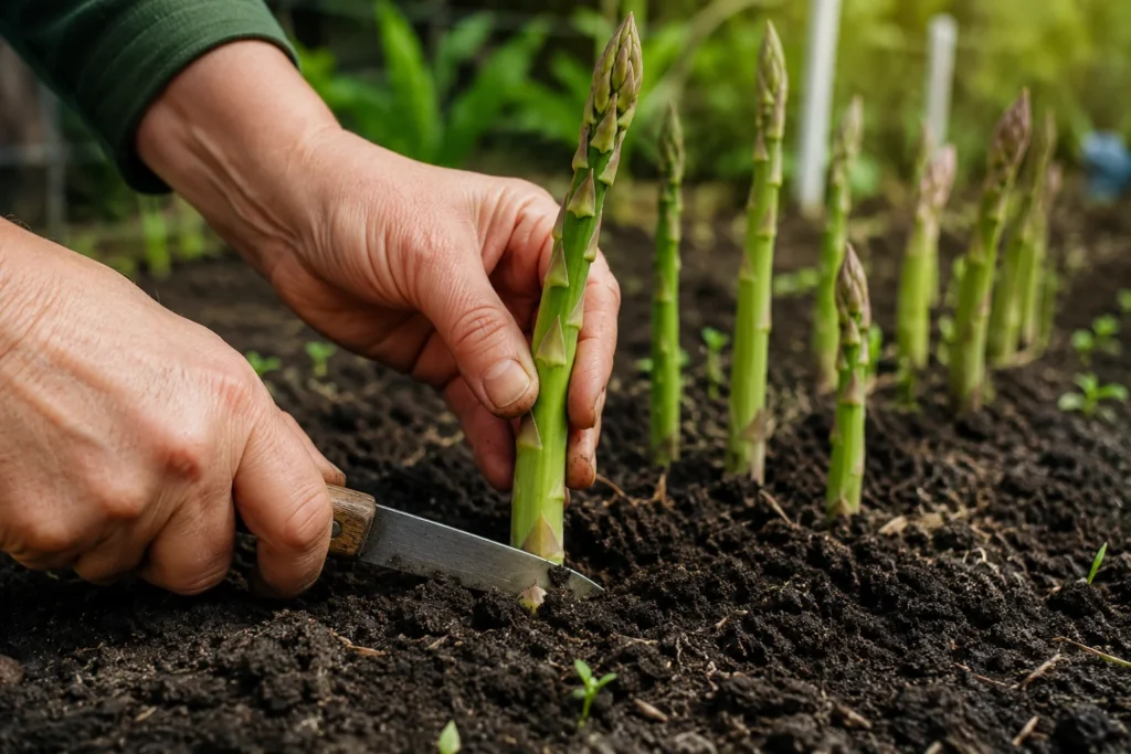 How to harvest asparagus - hands cutting spears at soil level with a knife