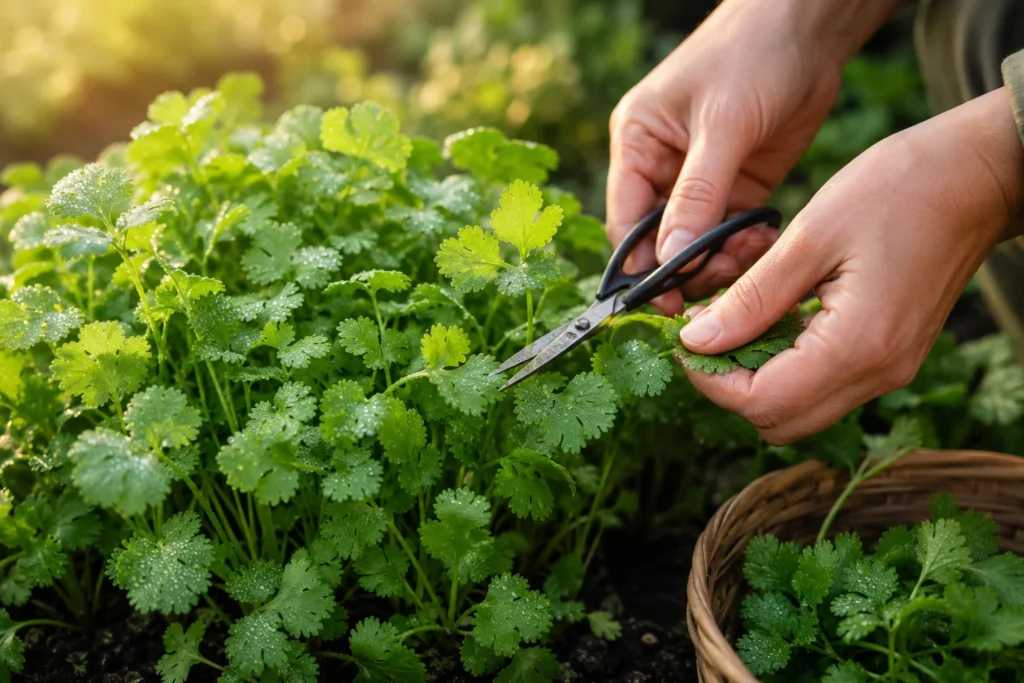 Harvesting fresh cilantro leaves with garden scissors