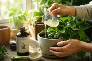 How to dose fertilizer for plants guide showing a gardener feeding a potted plant