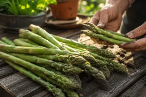 How to grow asparagus - fresh green spears freshly harvested from a home garden bed