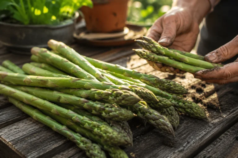 How to grow asparagus - fresh green spears freshly harvested from a home garden bed