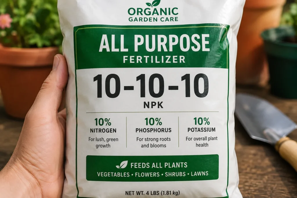 Fertilizer bag label showing NPK ratio numbers for nitrogen phosphorus potassium