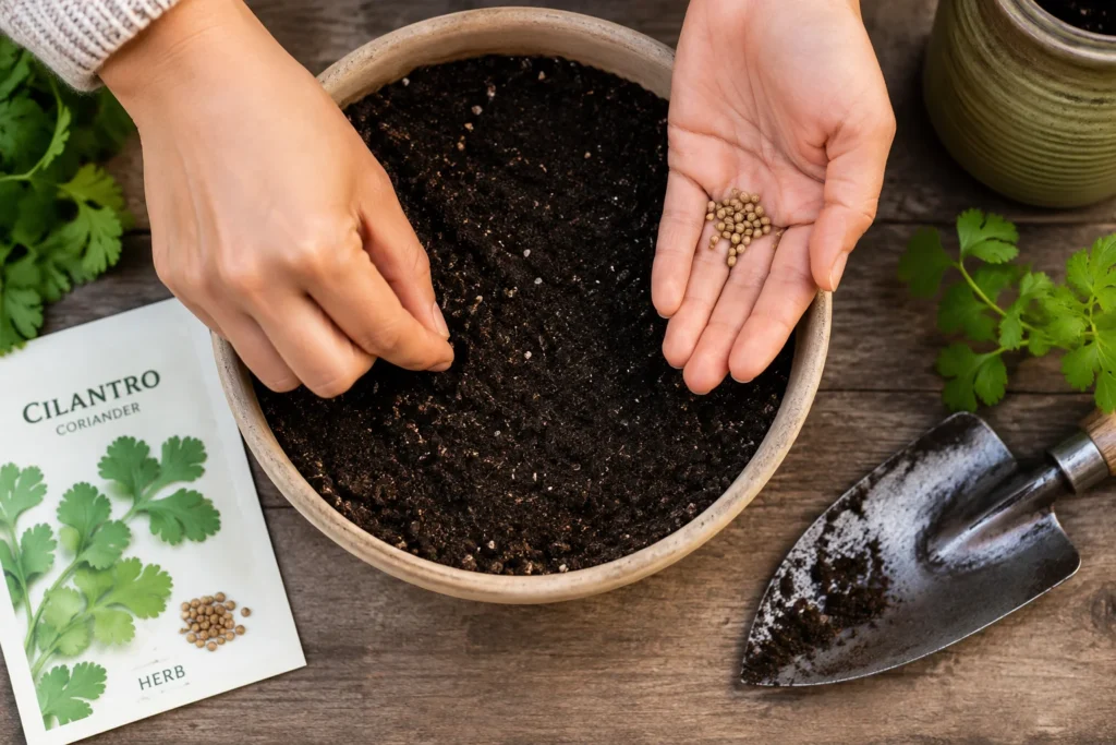 Planting cilantro seeds step by step in a container with rich soil
