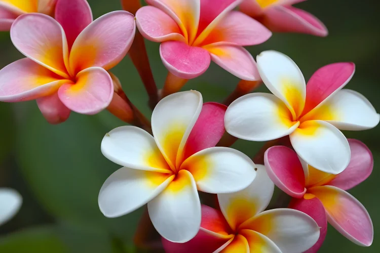 Pink and white plumeria frangipani flowers in tropical bloom