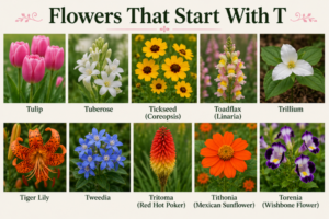 Flowers that start with T collage featuring tulip, tuberose, tickseed, toadflax, and trillium blooms