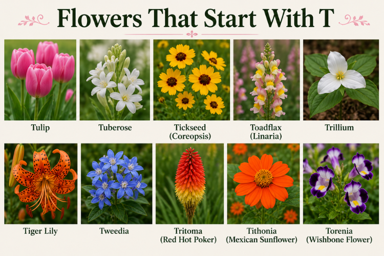 Flowers that start with T collage featuring tulip, tuberose, tickseed, toadflax, and trillium blooms