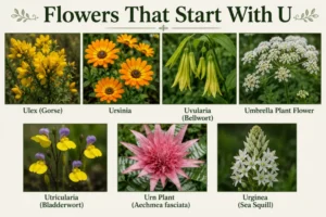 Flowers that start with U including Ulex, Ursinia, Uvularia, Umbrella Plant, and Urginea