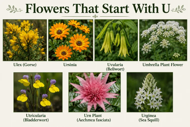 Flowers that start with U including Ulex, Ursinia, Uvularia, Umbrella Plant, and Urginea