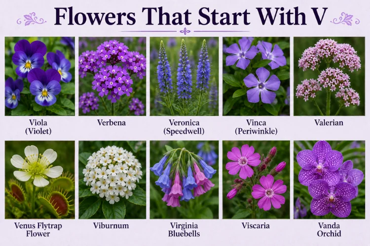 Flowers that start with V, including viola, verbena, and vanda orchid