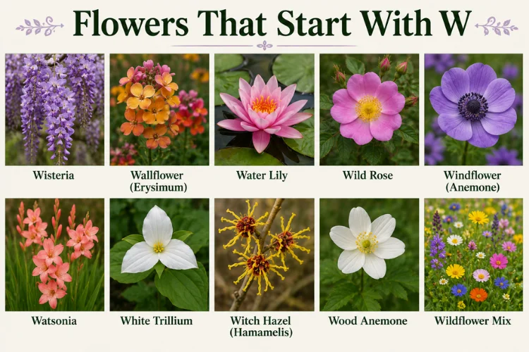 Beautiful flowers that start with W including wisteria, wallflower, and water lily