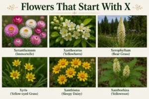 Flowers that start with X collage showing Xeranthemum, Xanthoceras, Xerophyllum, Xyris, Xanthisma, Xanthorhiza