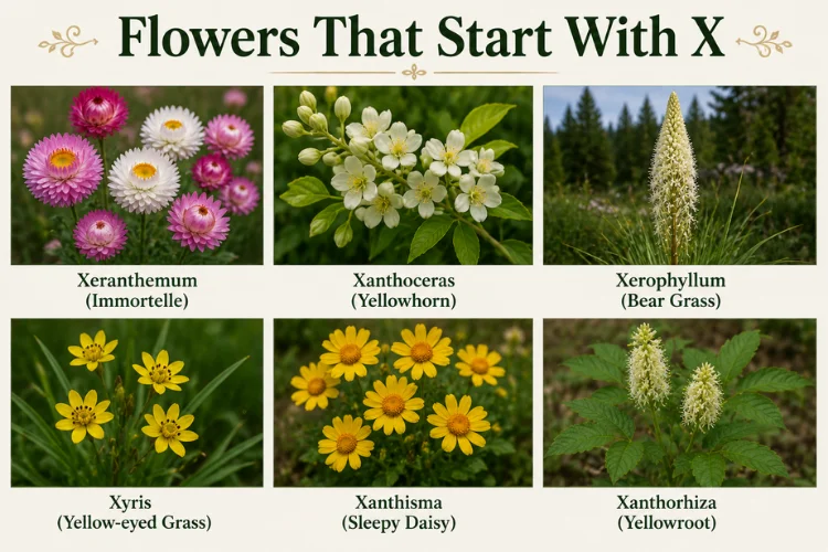 Flowers that start with X collage showing Xeranthemum, Xanthoceras, Xerophyllum, Xyris, Xanthisma, Xanthorhiza