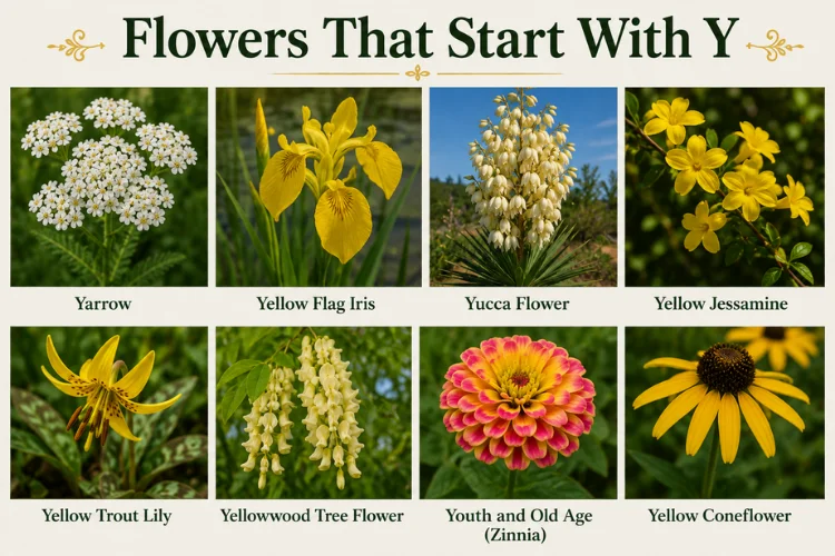 Flowers that start with Y collage featuring yarrow, iris, yucca, jessamine, and coneflower blooms