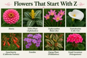 Flowers that start with Z chart featuring zinnia, zebra plant, zephyranthes, zantedeschia, zauschneria, zenobia, and more