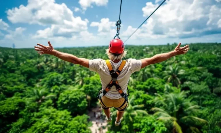 Man ziplining over lush jungle canopy at KUZÁ Beach & Adventure Park in Cozumel, Mexico, arms outstretched above tropical treetops.