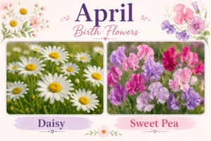 April Birth Flowers graphic featuring Daisy and Sweet Pea, the two official April birthday flowers