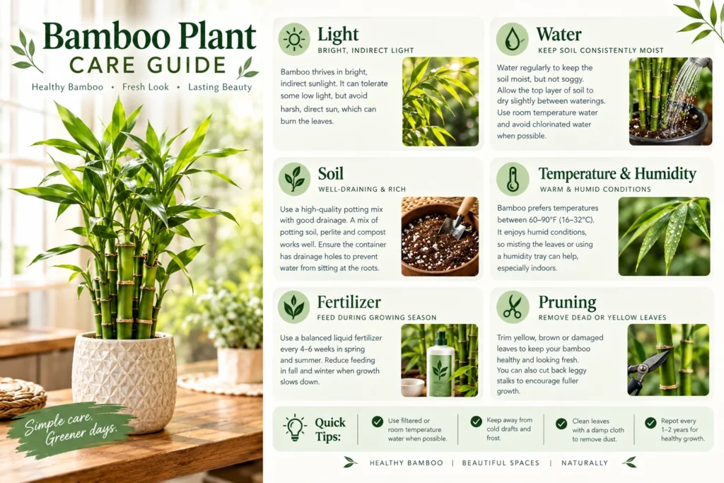 Bamboo plant care guide infographic covering light, water, soil, humidity, fertilizer and pruning tips