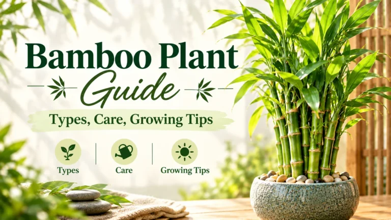 Bamboo plant guide banner with lucky bamboo growing in a ceramic pot with pebbles