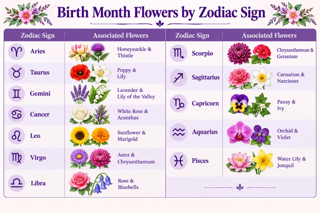 Birth month flowers by zodiac sign chart pairing each astrological sign with two associated flowers