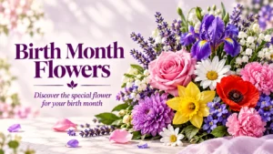 Colorful bouquet of birth month flowers featuring roses, daffodils, carnations, and lily of the valley