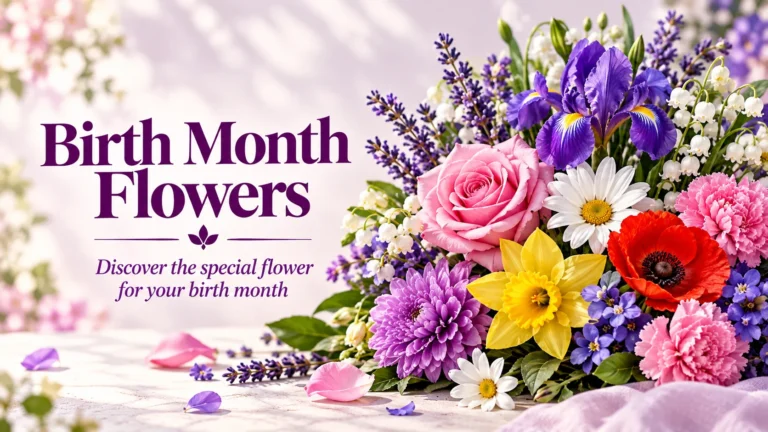 Colorful bouquet of birth month flowers featuring roses, daffodils, carnations, and lily of the valley