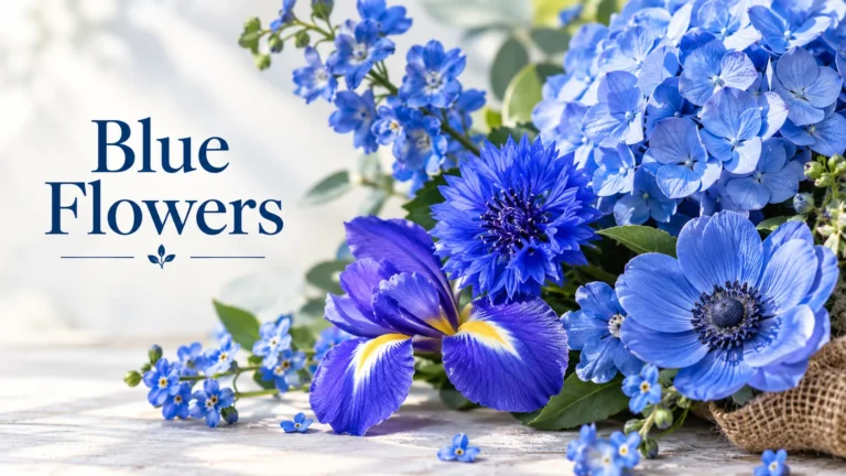 Vibrant floral arrangement featuring an iris, cornflower, and hydrangeas in varied shades of blue.