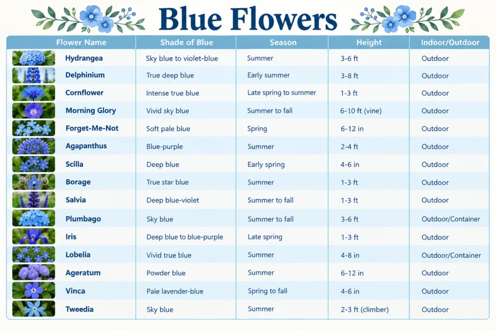 An informative chart listing blue flower varieties with details on shades, blooming seasons, and heights.