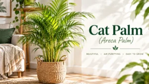 Cat palm plant in a woven basket brightening a cozy tropical living room corner