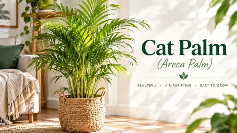 Cat palm plant in a woven basket brightening a cozy tropical living room corner