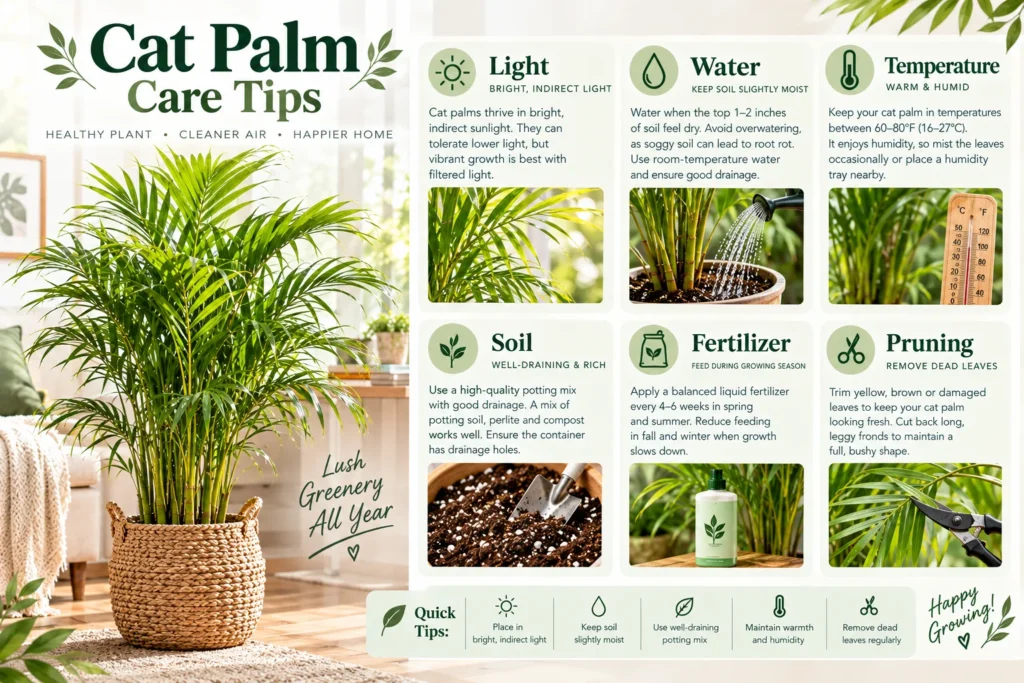 Cat palm care guide infographic covering light, watering, temperature, soil, fertilizer and pruning tips