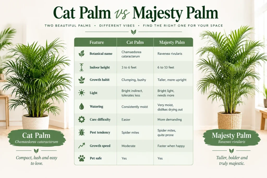 Cat palm vs majesty palm comparison chart showing size, light, watering and care difficulty differences