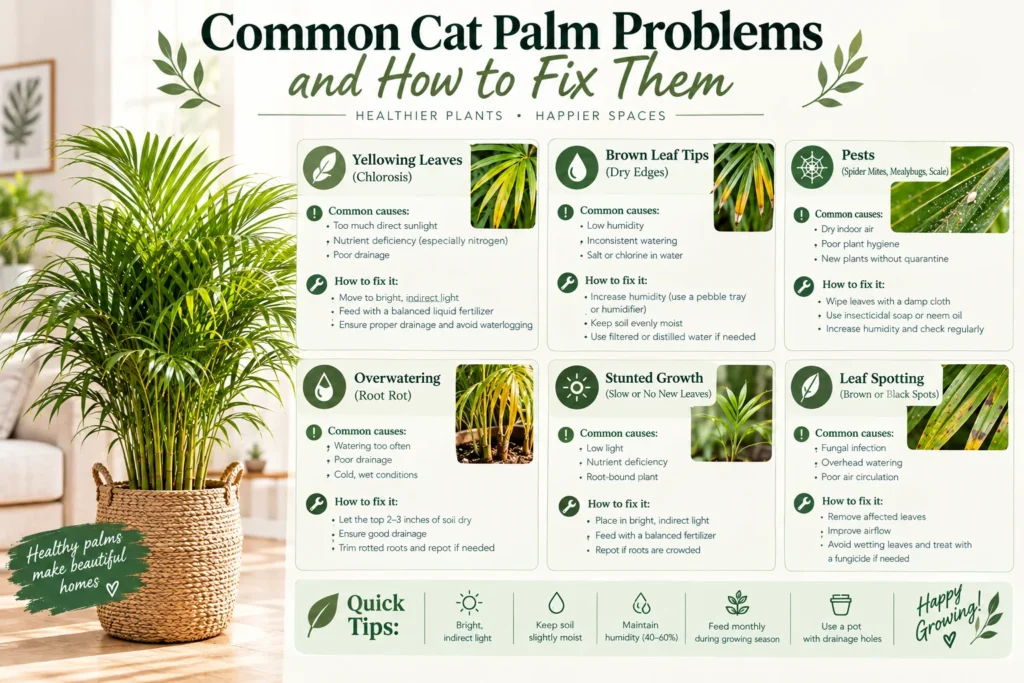 Common cat palm problems chart showing yellow leaves, brown tips, pests and overwatering fixes