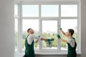 Two technicians in green overalls installing a large white window using suction cup tools.