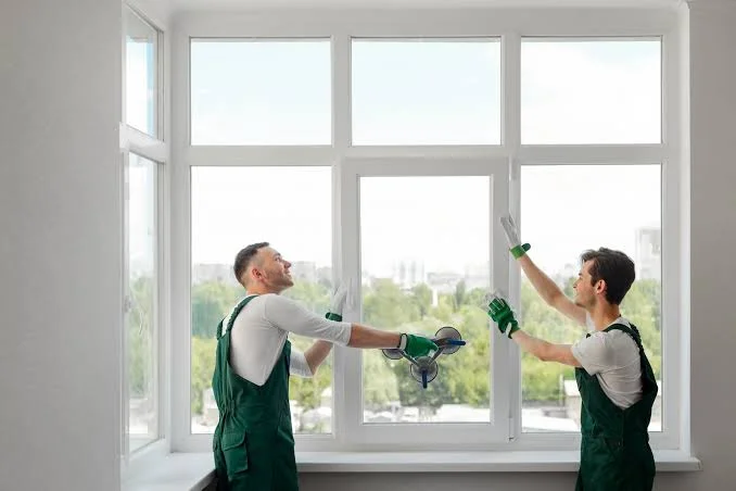 Two technicians in green overalls installing a large white window using suction cup tools.