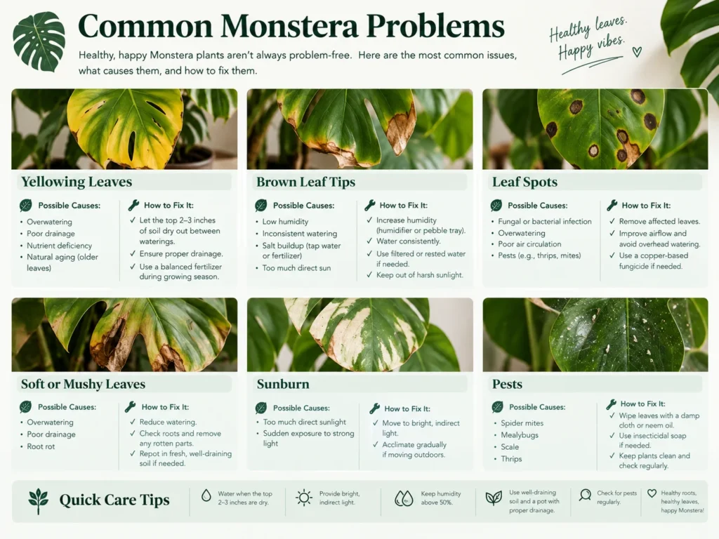 Common monstera problems infographic covering yellow leaves, brown tips, leaf spots, sunburn, and pests