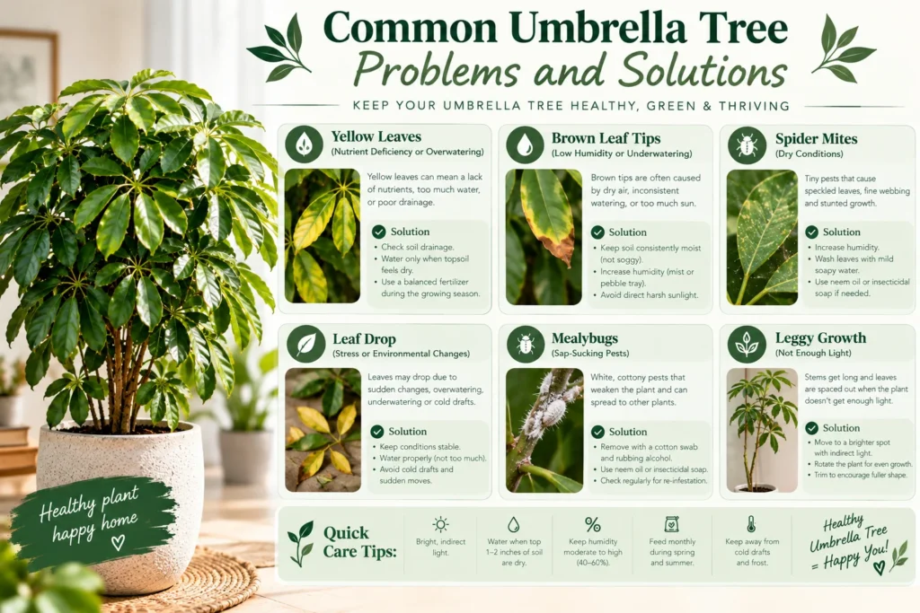 Umbrella tree problems and solutions infographic covering yellow leaves, brown tips, leaf drop, and pests