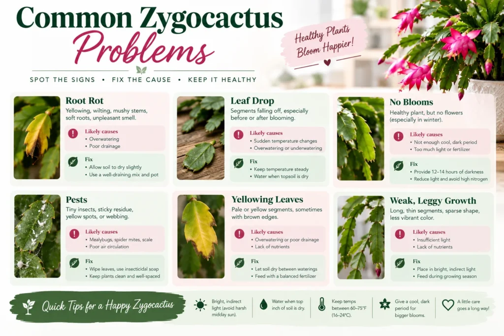 Infographic showing common zygocactus problems like root rot, yellow leaves, pests, and no blooms.