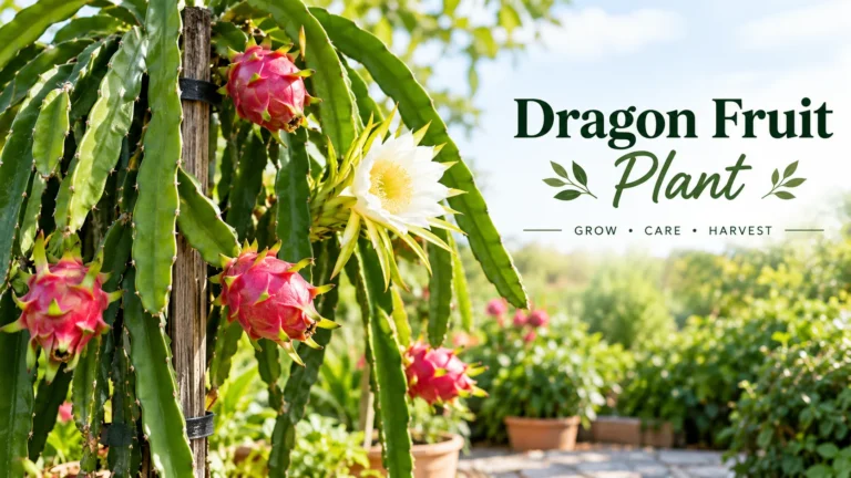 Dragon fruit plant climbing a trellis with pink fruit and a blooming white night flower