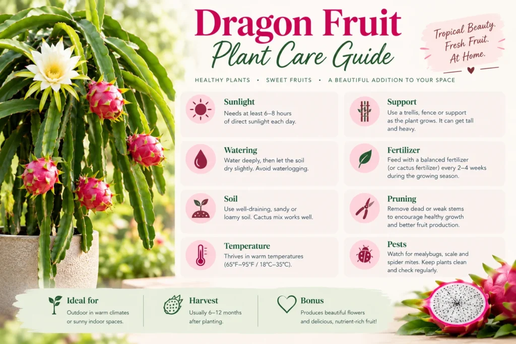 Dragon fruit plant care guide infographic covering sunlight, watering, soil, fertilizer, support, and pruning