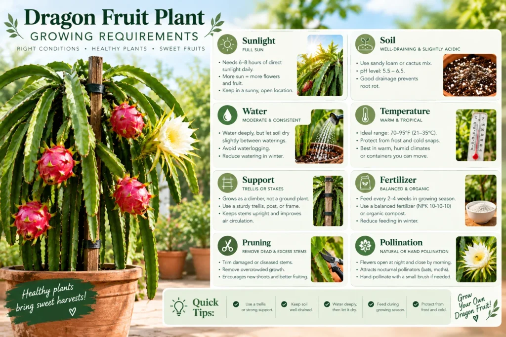 Dragon fruit plant growing requirements chart showing sunlight, soil, water, temperature, support, and pollination