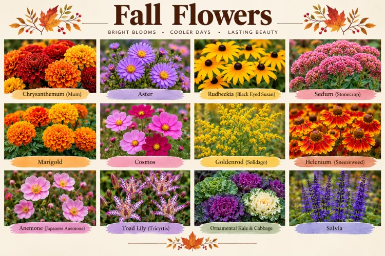 Chart of popular fall flowers including mums, asters, marigolds, and salvia for autumn gardens.