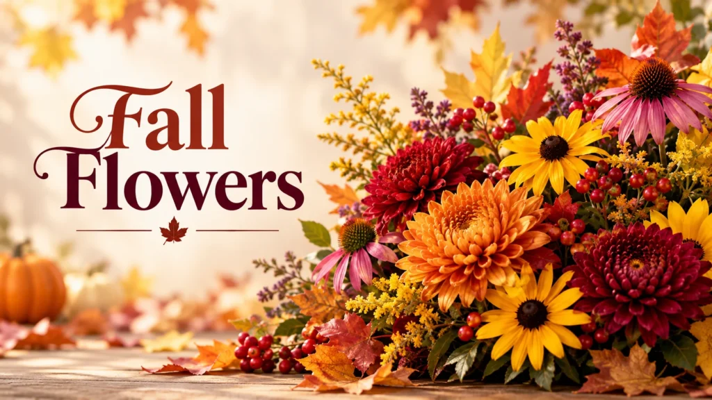 Fall seasonal flowers including chrysanthemums, rudbeckia and echinacea with red berries and golden autumn leaves