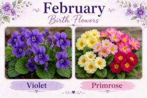 February birth flowers Violet and Primrose side by side, purple violet and pink yellow primrose blooms