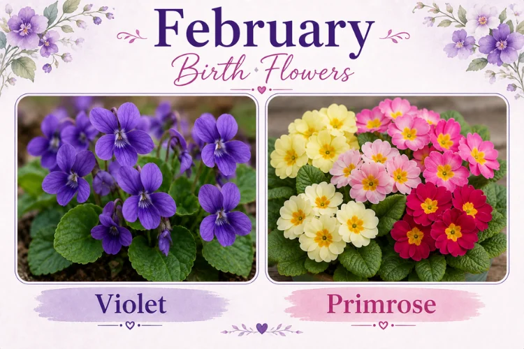 February birth flowers Violet and Primrose side by side, purple violet and pink yellow primrose blooms