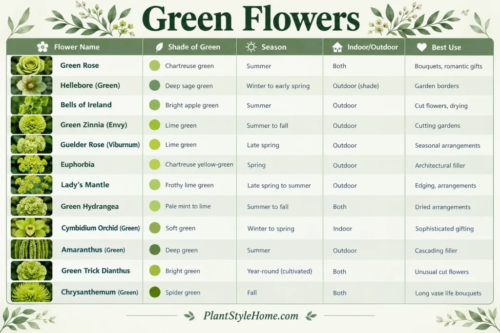 Green flowers overview chart listing names, shades, seasons, and best uses for garden lovers